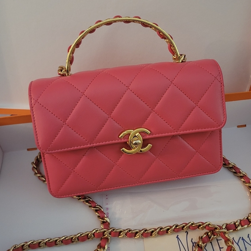 CHANEL Pink Lambskin Mini Flap Bag w/ Top Handle - Picture 2 of 15